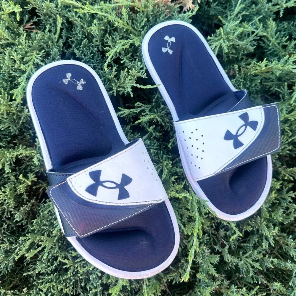 Under Armour Ignite VI Little Kids Slide Sandals Size 2Y Navy Blue White Shoes